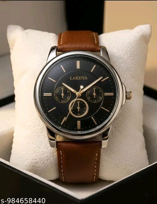 Lakhya Black Dial Analog Watch for Men Genuine Leather Strap Stainless Steel Back... - Image 1